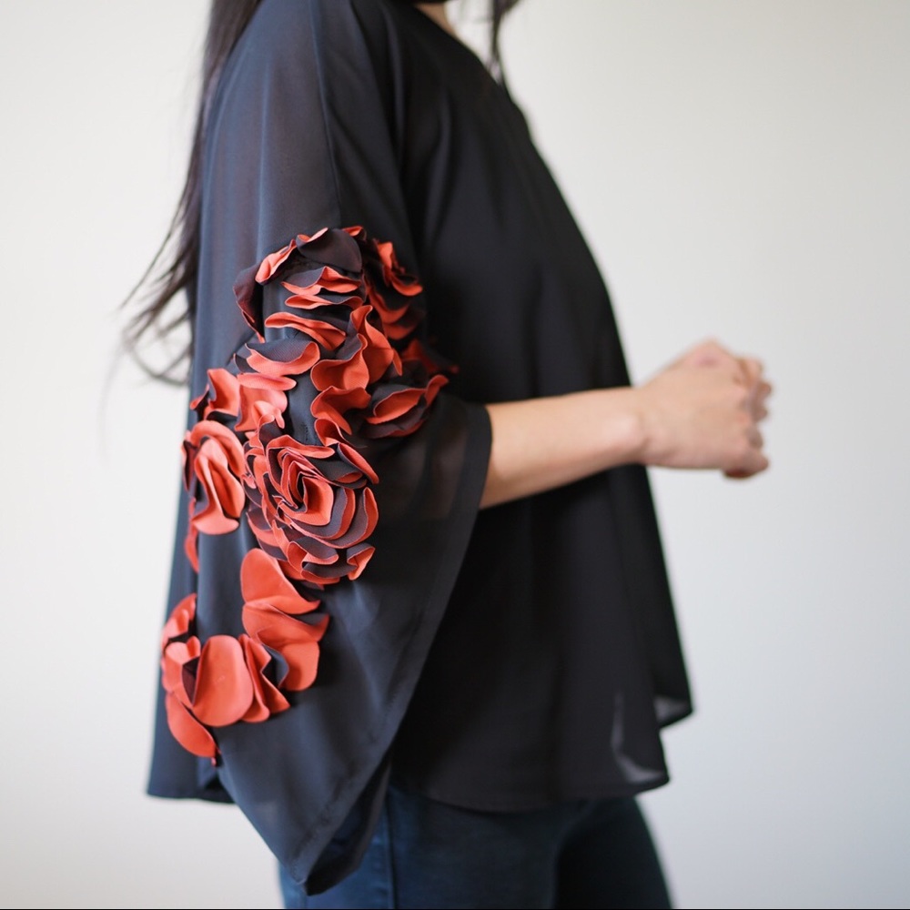 Topshop sheer black blouse w/ red ruffled sleeves